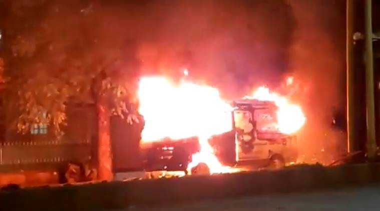 Screengrab from the video of ambulance, which was burnt by the deceased's relatives